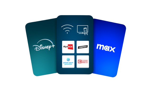 Loga Disney+, Max, FilmBox, Cinemax, Polsat Sport Premium i Eleven Sports na ciemnoniebieskim tle.