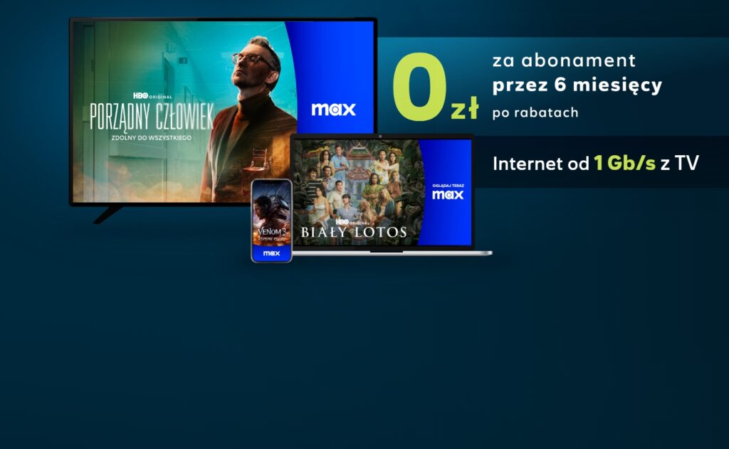 Oferta internetu 1 Gb/s z telewizją i Max – 0 zł przez 6 miesięcy, plakaty seriali na ekranach.