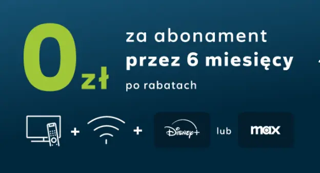 Grafika promocyjna Netia – 0 zł za abonament przez 6 miesięcy po rabatach, z telewizją, internetem i dostępem do Disney+ lub HBO Max.