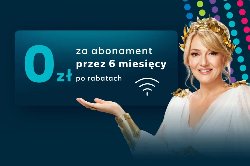 Kobieta w złotym wianku prezentuje promocję Netii: 0 zł za abonament przez 6 miesięcy po rabatach