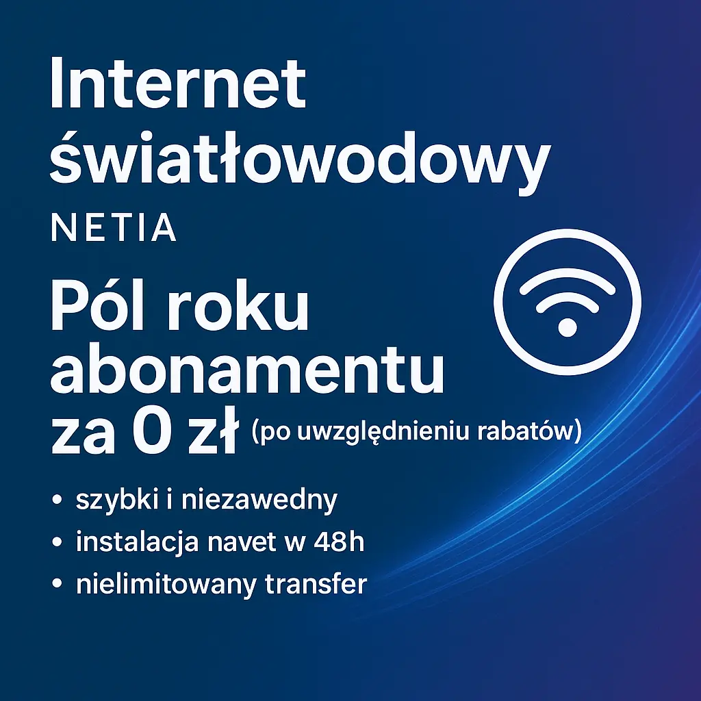 Baner Netia – Internet światłowodowy: pół roku abonamentu za 0 zł* po rabatach, ikona Wi-Fi, tło niebiesko-fioletowe.